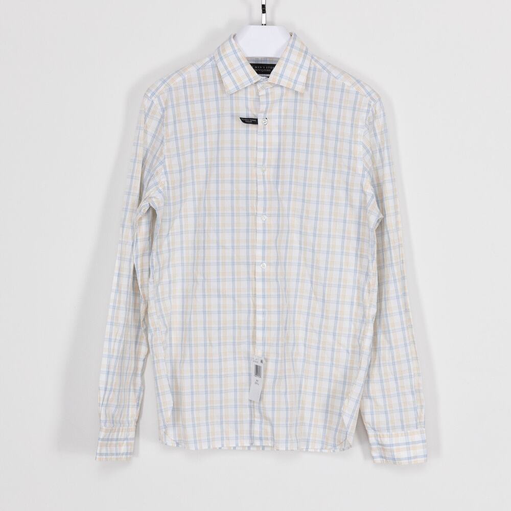 The Men's Store Casual Stretch Plaid Slim Shirt Blue Size S